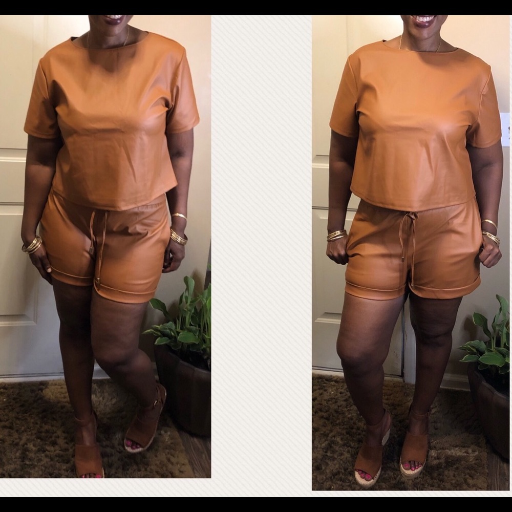 Brown vegan leather lounge shorts set drawstring waist NWT
